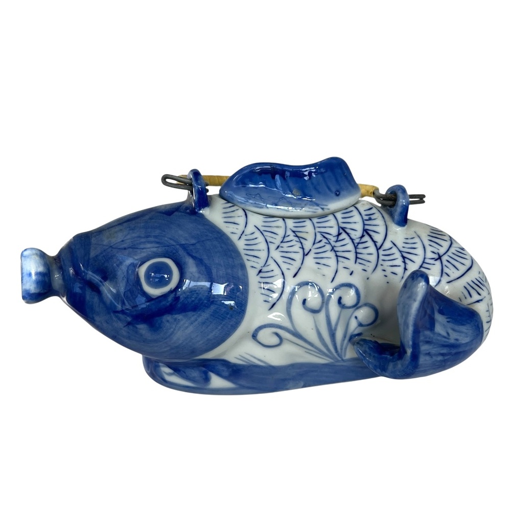 Ceramic Koi Fish Tea Pot With Wicker Handle Asian Blue & White Hand Painted